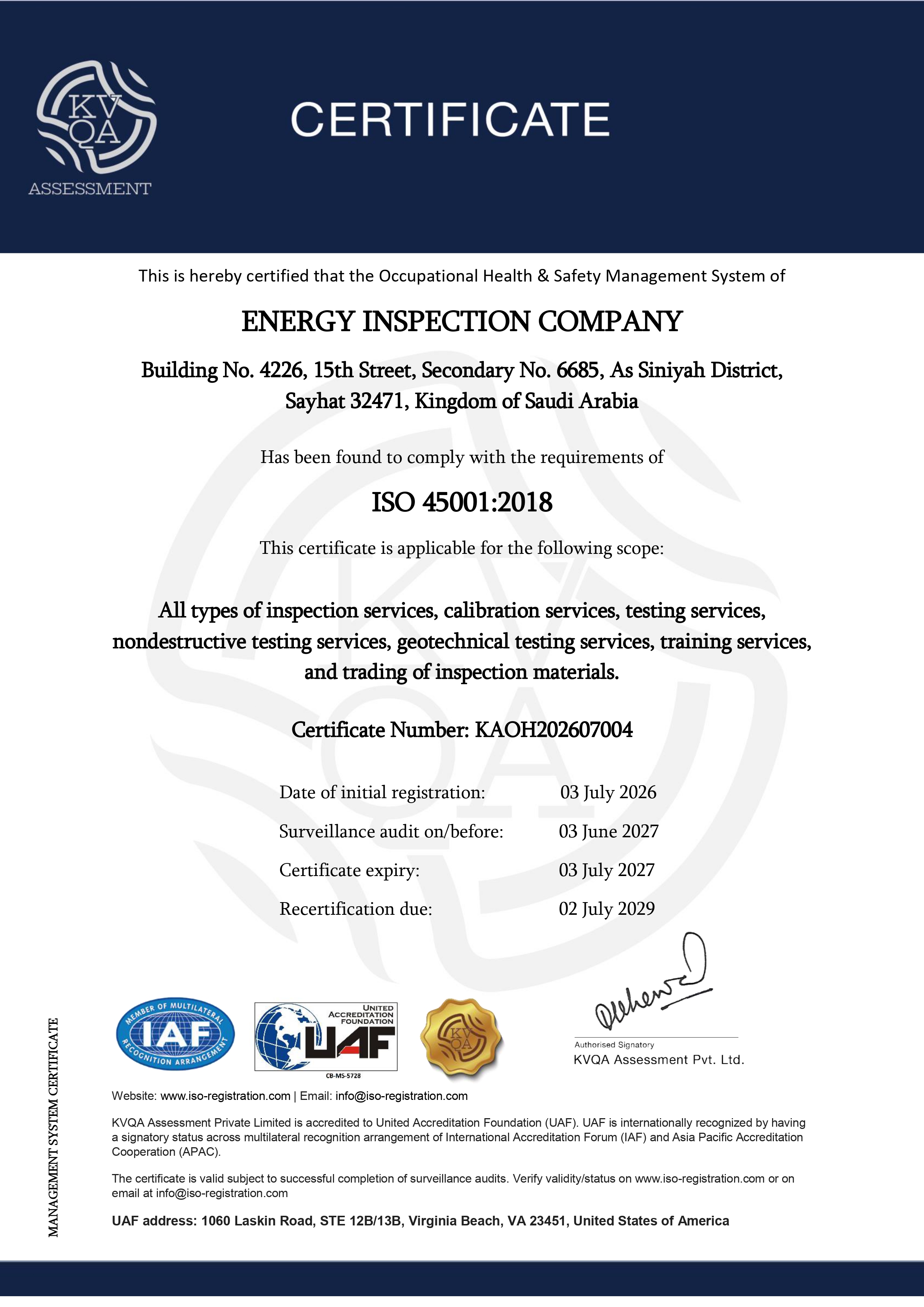 ISO 45001:2018 Certificate